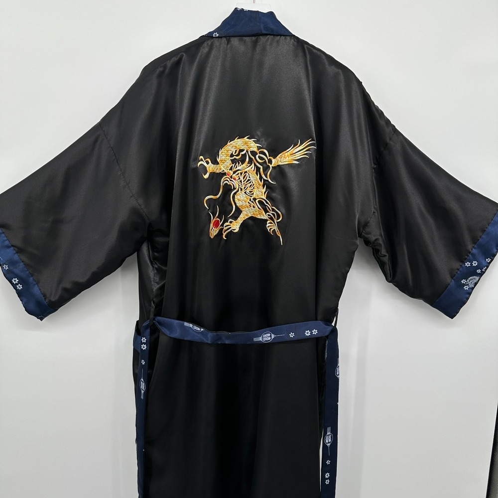 Vintage Reversible Thai Silk Kimono Robe One Size Embroidered Dragon Silky Satin